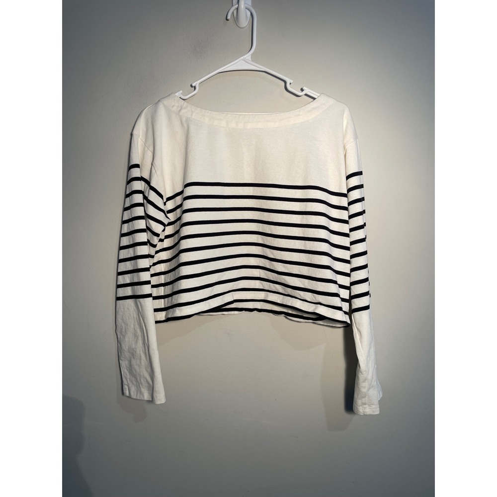 J.Crew‎ Cropped Boatneck T-shirt In Mariner Cotton Black and White Stripe Medium